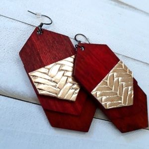Laser Cut Wood/ Earrings w/ Metallic Gold Detail